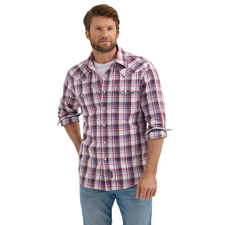 Wrangler Red Ombre Plaid Retro Premium Long Sleeve Men's Collared Longsleeve Snap Shirt 112365626