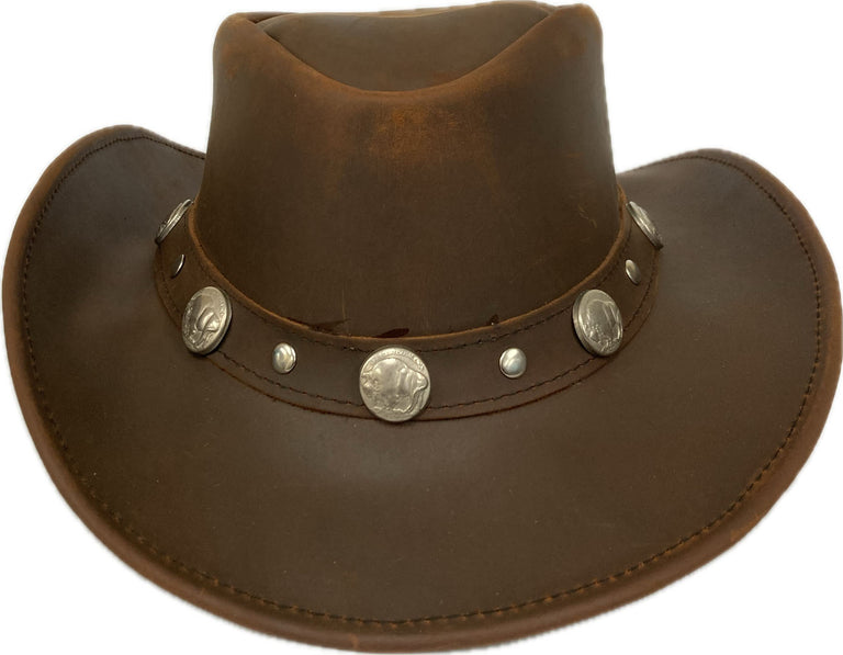 London Milan by Lebo's Distressed Brown Leather Men's Hat with Buffalo Nickel Conchos on the Hatband LM-BR5015