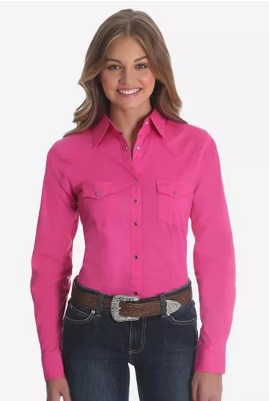 Ladies  Wrangler Long Sleeve Solid Pink Western Snap Shirt LW1003K